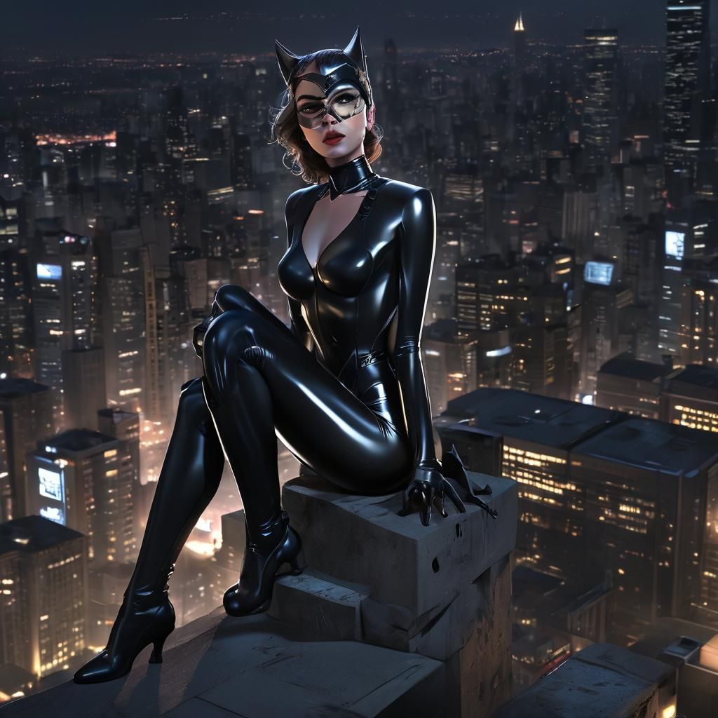 Catwoman in Noir Cityscape: 3D Anime Concept Art