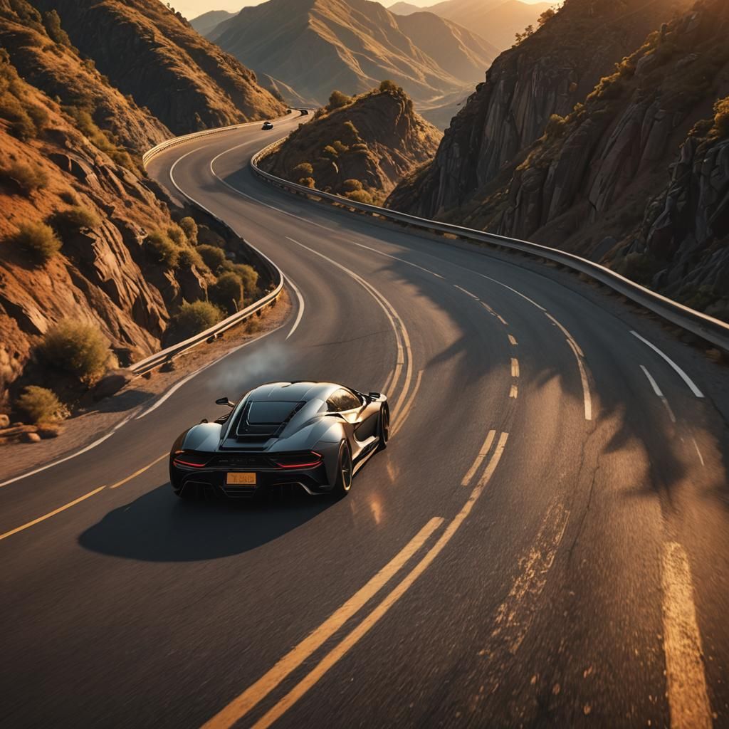 Supercar Speeds Down Mountain Road at Sunset