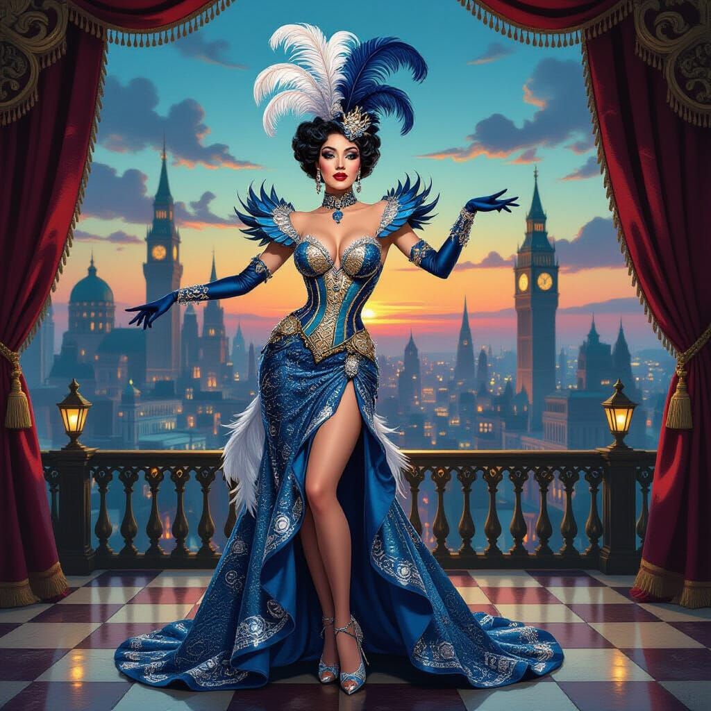 Clockwork Showgirl in Opulent Victorian City, Splash Art