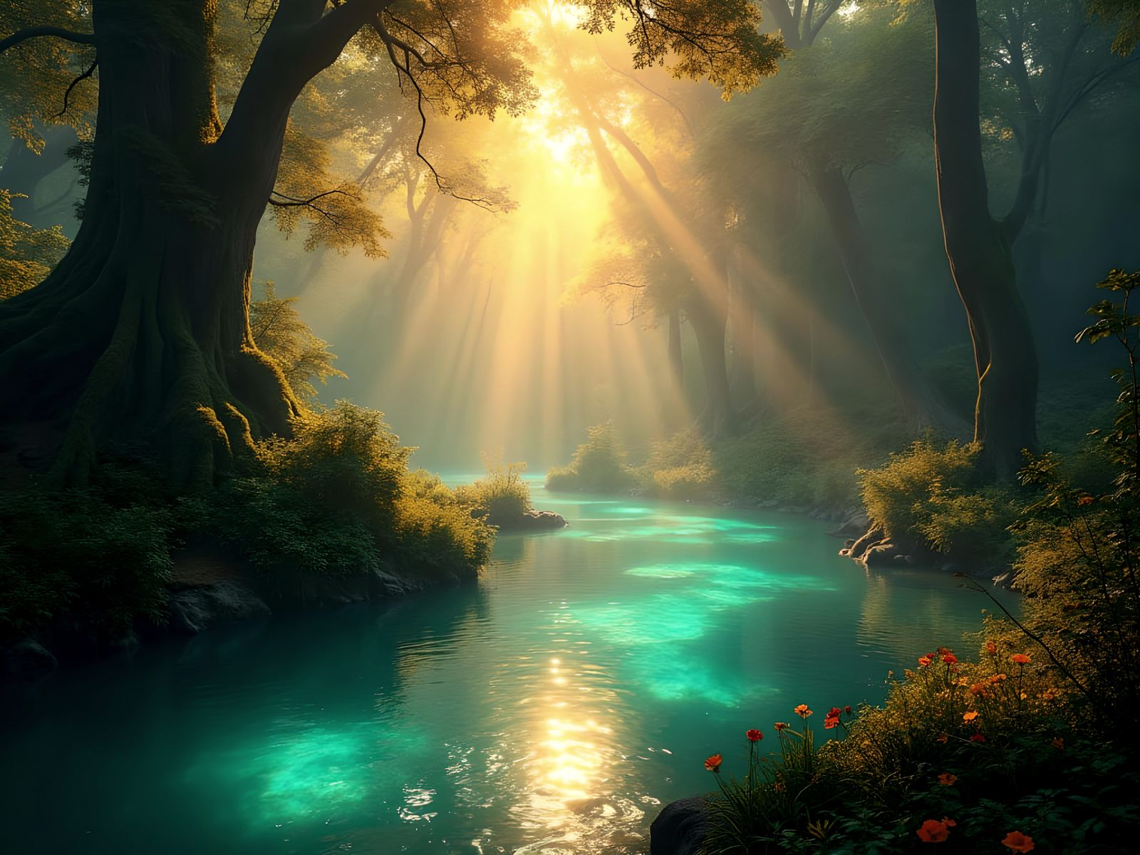 Bioluminescent Forest River at Golden Hour