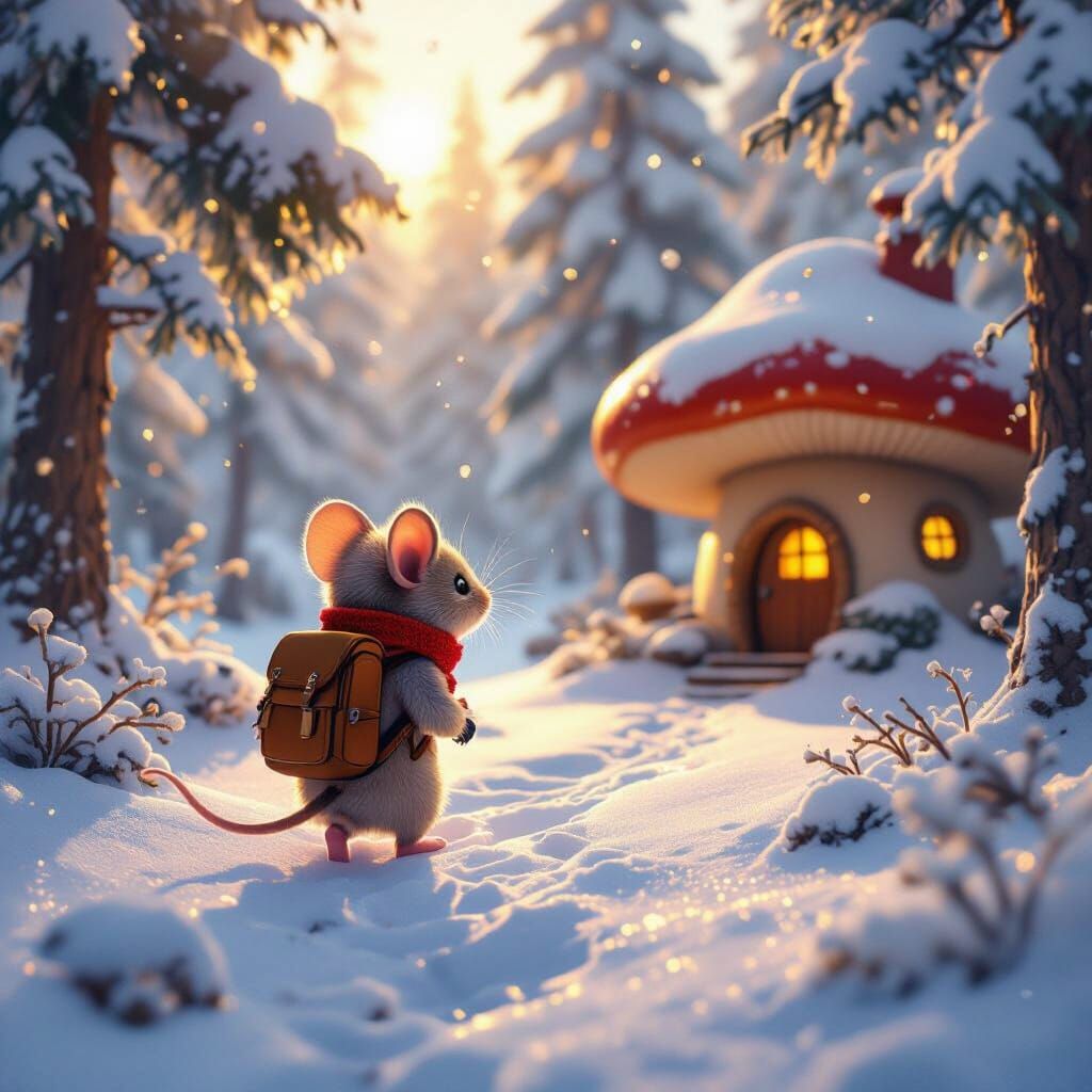 Determined Mouse Treks to Cozy Mushroom Home in Snow