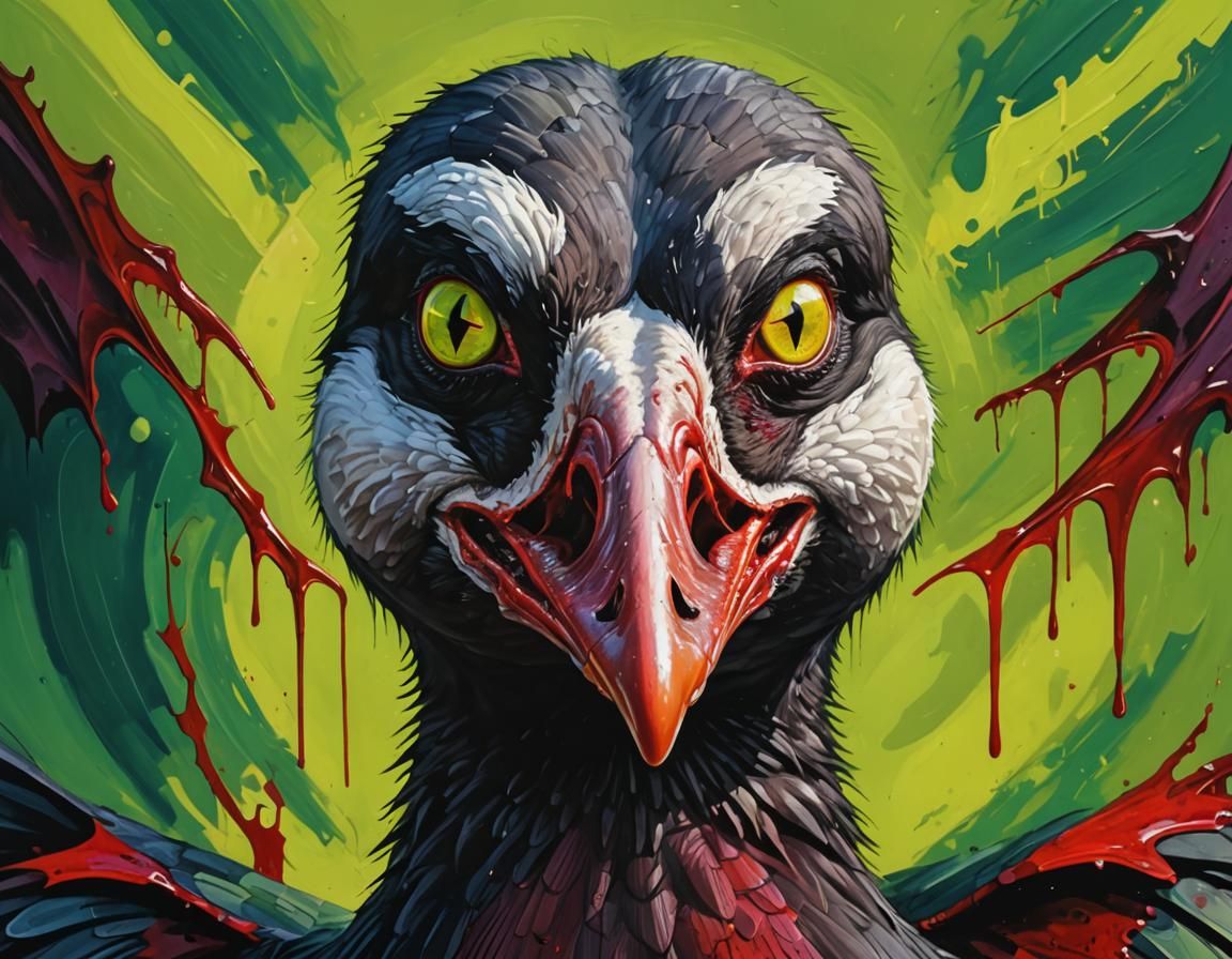 Surreal Portrait: Vampire Goose with Acid Green Eyes
