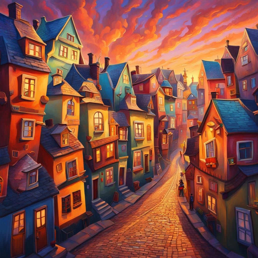 Surrealist Oil Painting of Crooked Houses on Bright Street