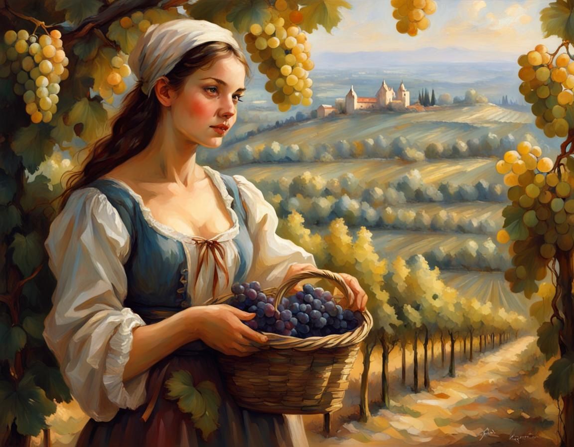 French Peasant Girl Harvesting Grapes in Vineyard
