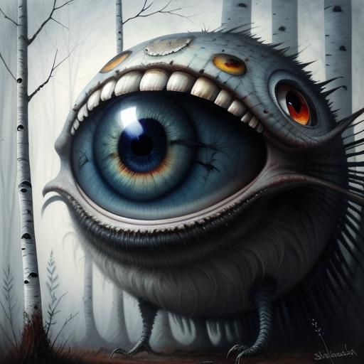 Surreal Fish-Raccoon Hybrid in Birch Forest