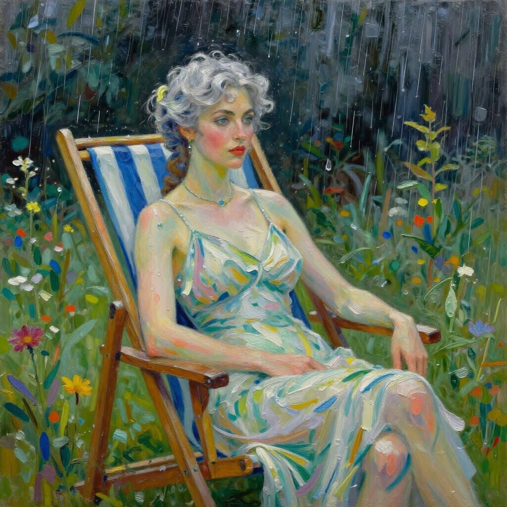 Impasto Oil Painting of Serene Woman in Garden Storm
