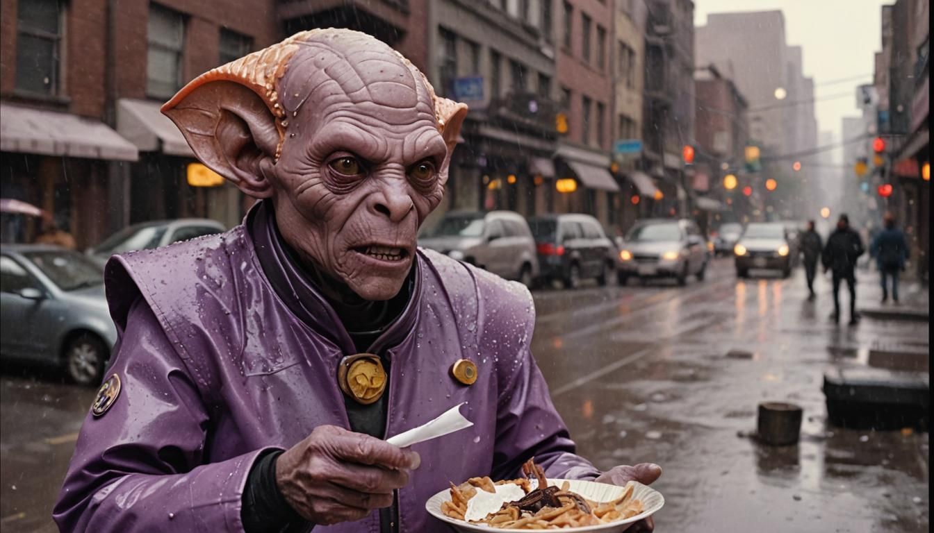 Ferengi Quark's Shock in Violet Rain: Cinematic Still