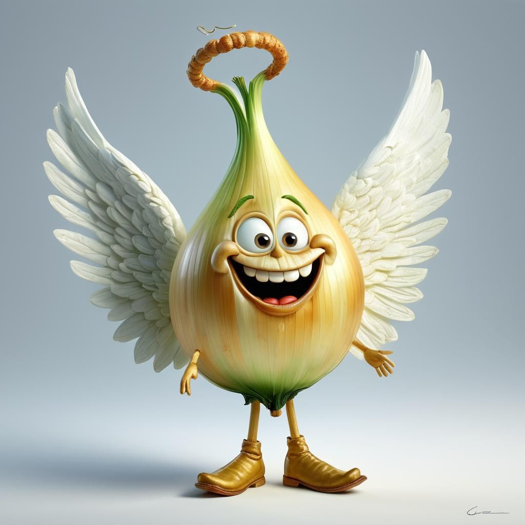 Whimsical Onion Angel Caricature with Volumetric Lighting