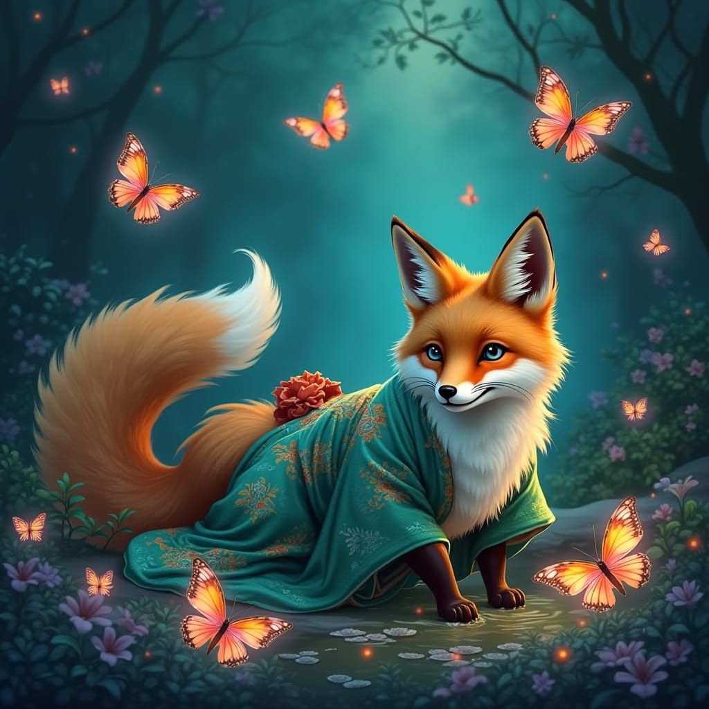 Majestic Nine-Tailed Fox in Whimsical Bioluminescent Forest