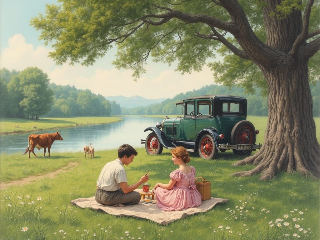 Vintage Couple's River Picnic in Pastel Colors