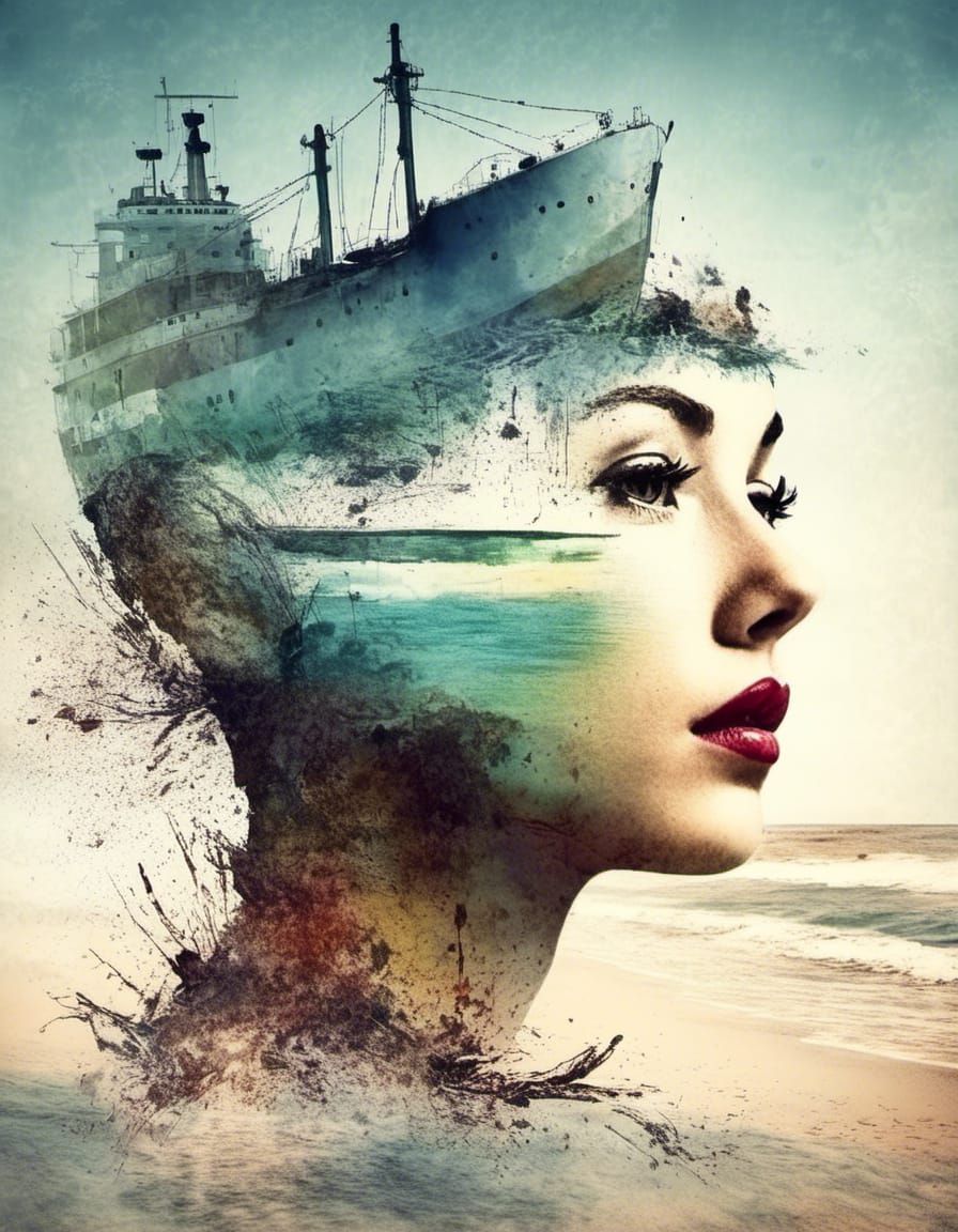 Surreal Beach Head Ship Double Exposure Splash Art