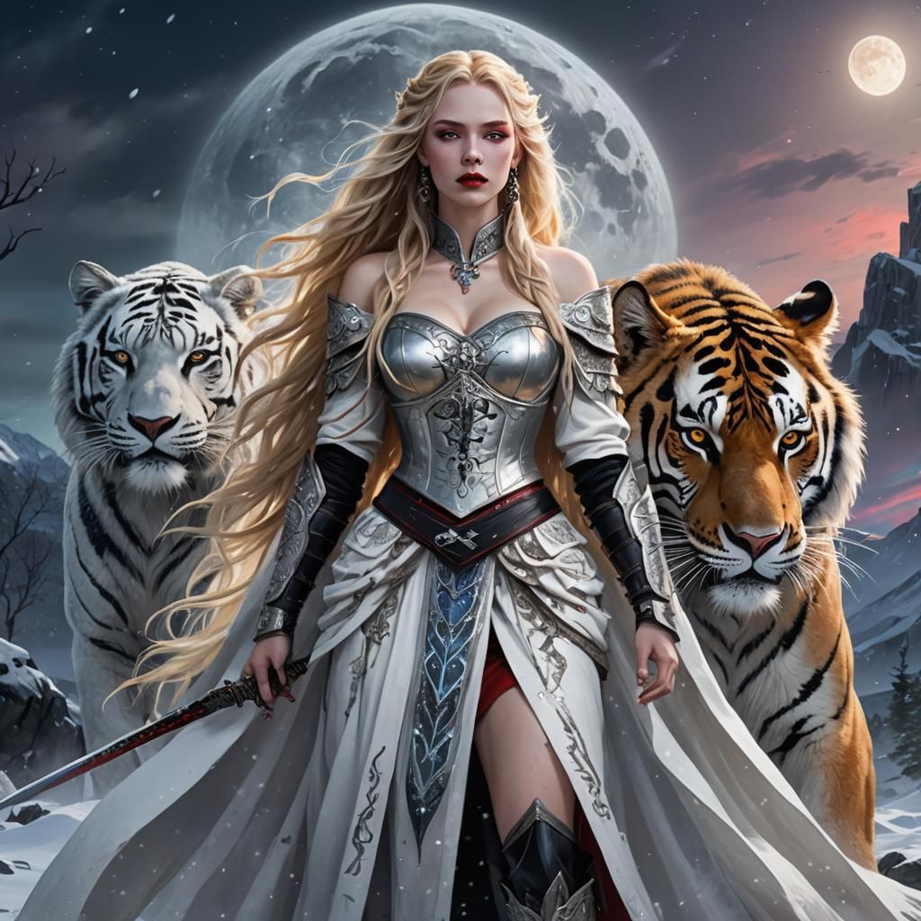 Goddess with Tiger Under Aurora Borealis