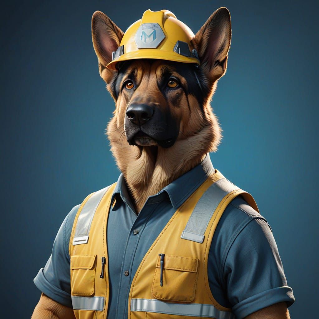 German Shepherd Construction Worker in Blue