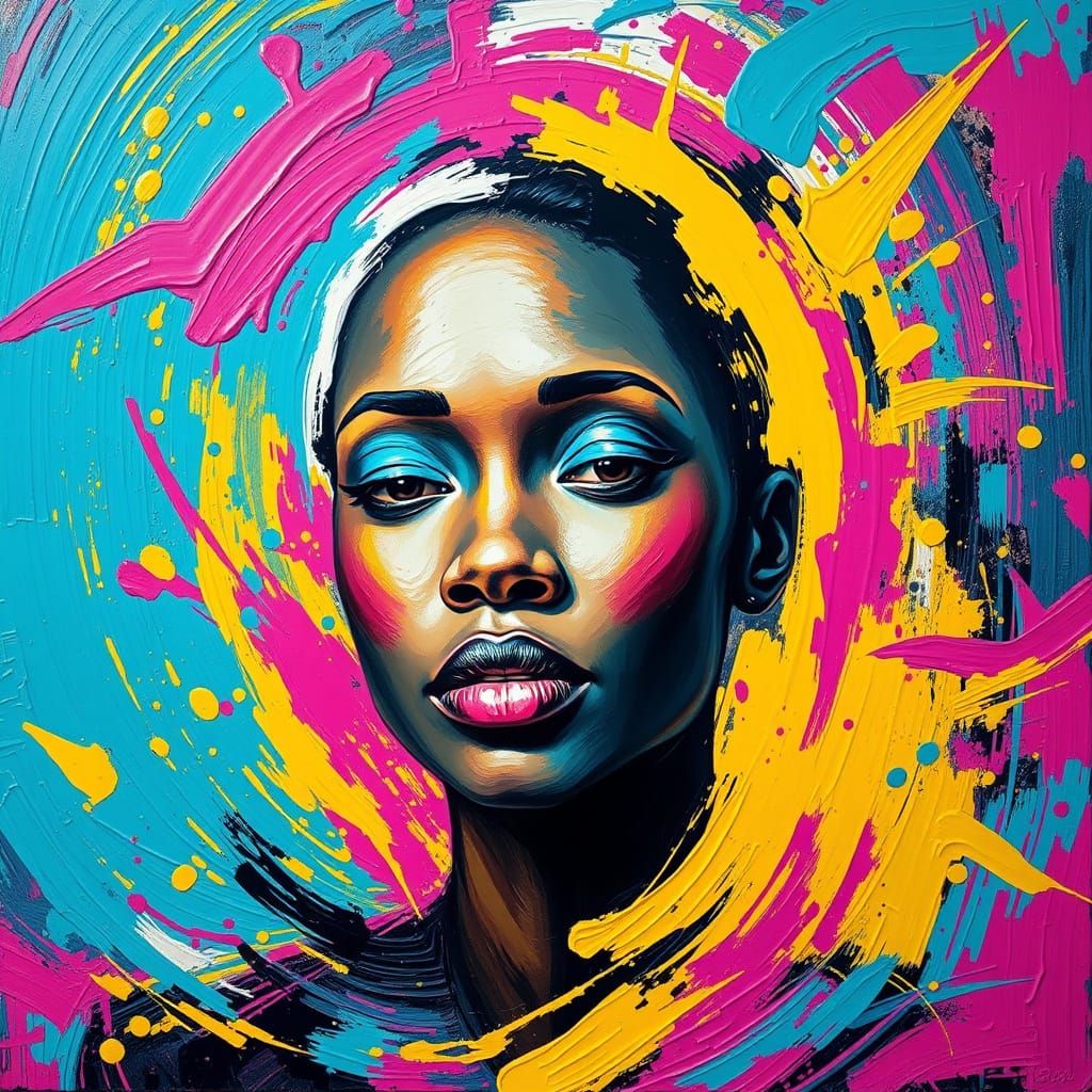 Vibrant Woman Embracing Whirlwind Chaos in Expressive Acryli...