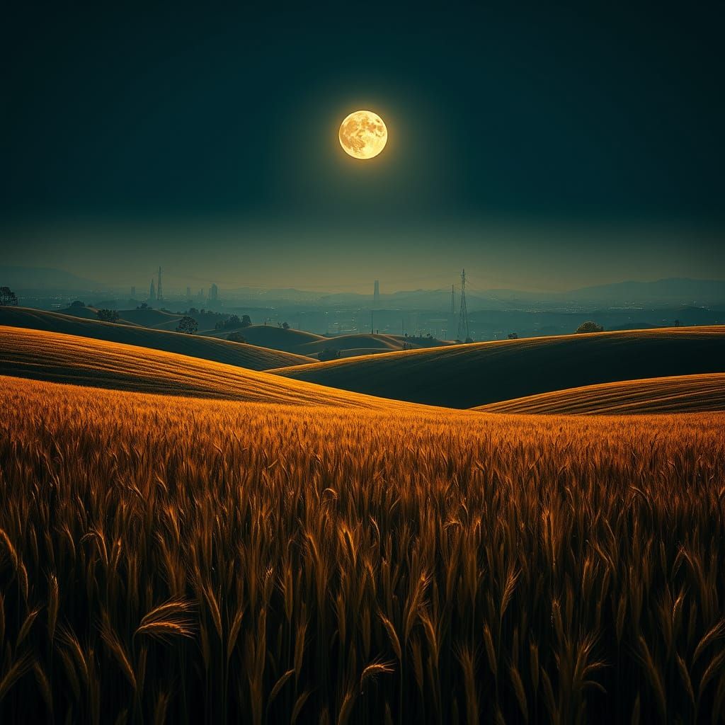 Golden Wheat Fields and Distant Cityscape