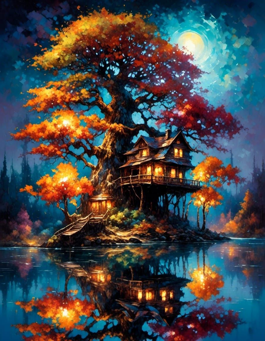 Impressionistic Treehouse Island on Reflective Lake