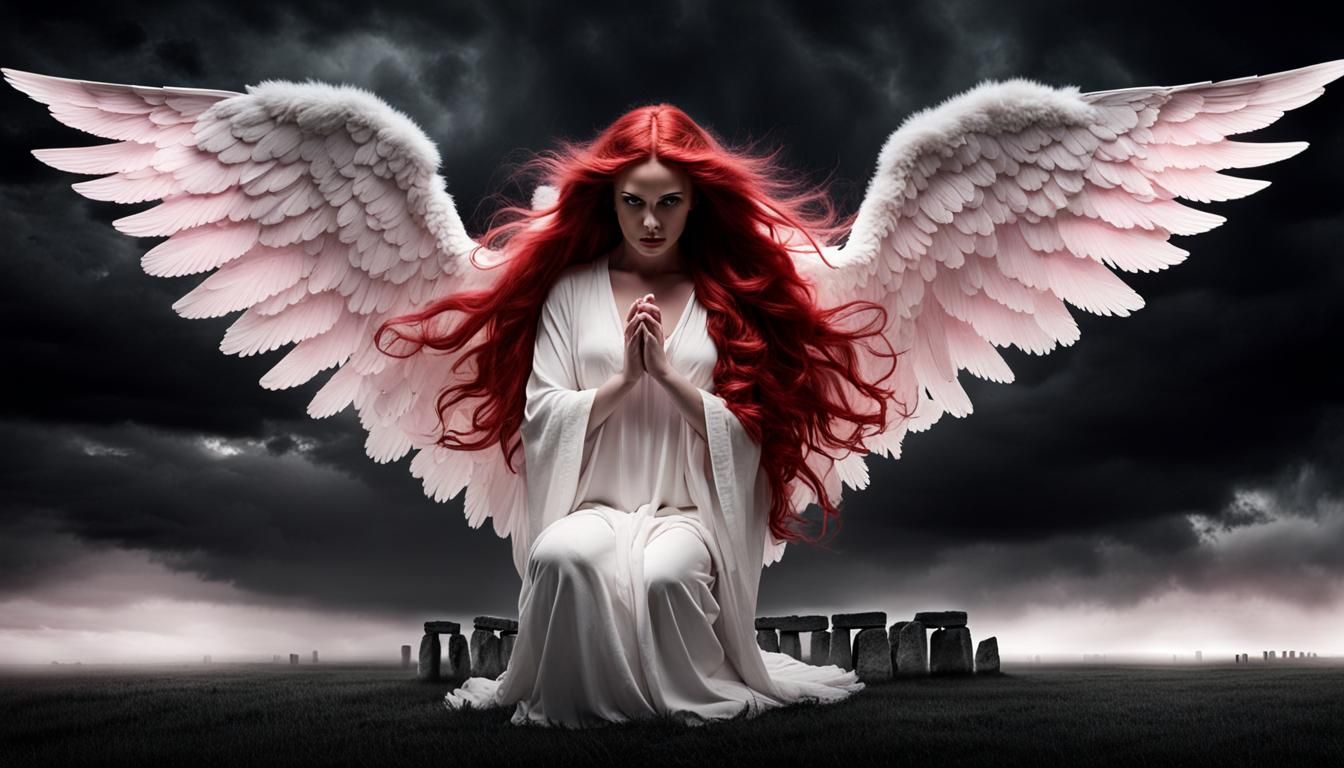 Redheaded Angel Kneeling at Stonehenge in Storm