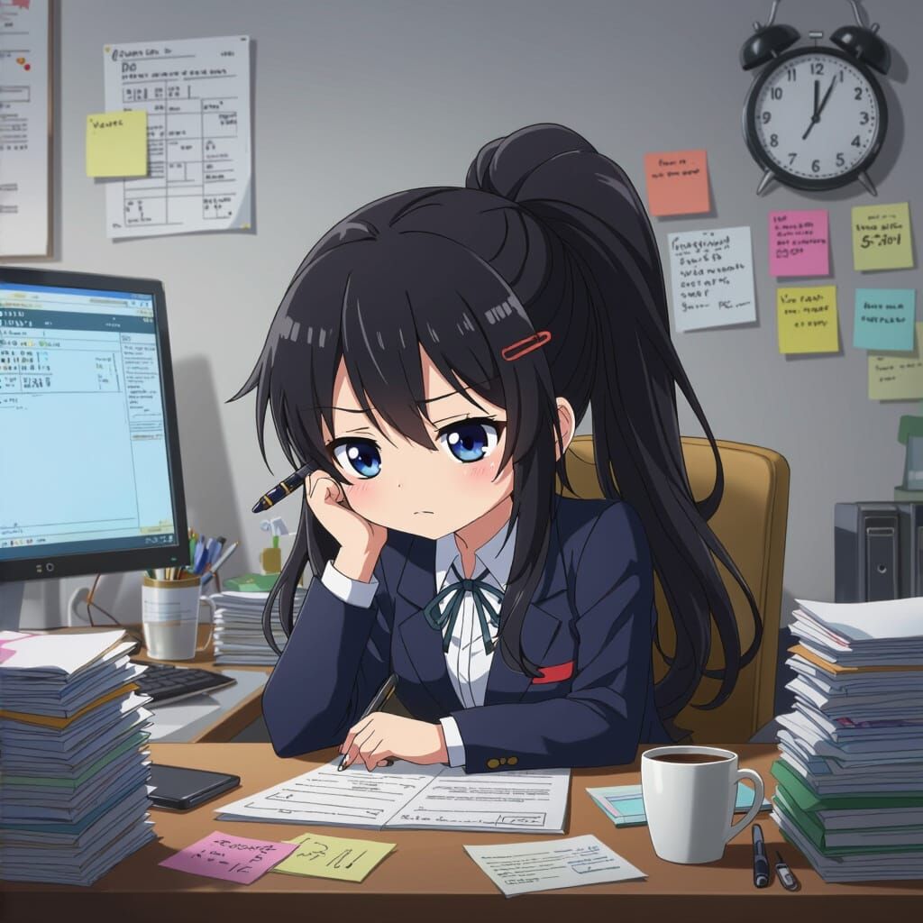 Tired Anime Office Girl in Chibi Style