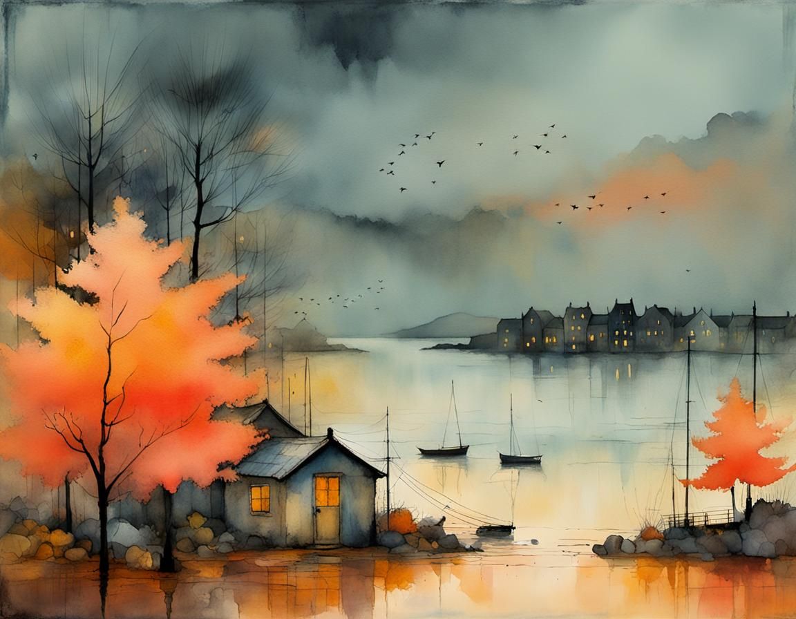 Abstract Autumn Twilight Watercolor Painting