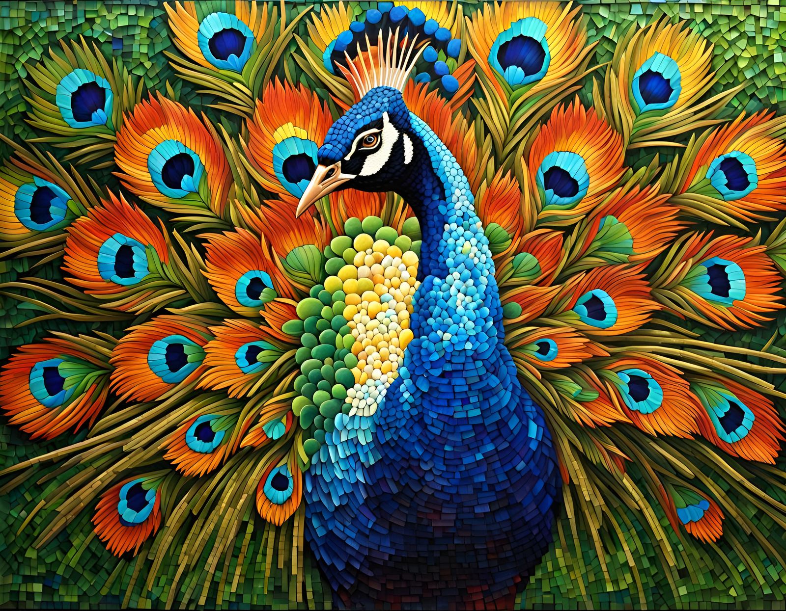Photorealistic Peacock Mosaic Made of Colored Tiles