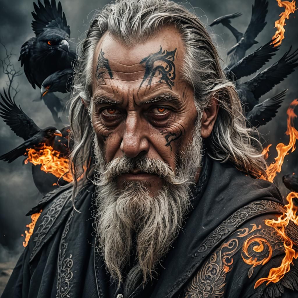 Wizard Portrait with Crow, Hyperrealistic Detail