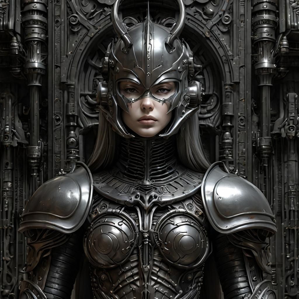 Woman Knight in Biomechanical Manga Style