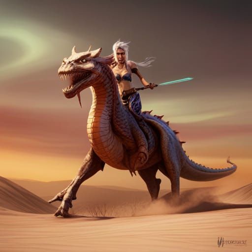 Desert Woman Warrior Rides a Dragon
