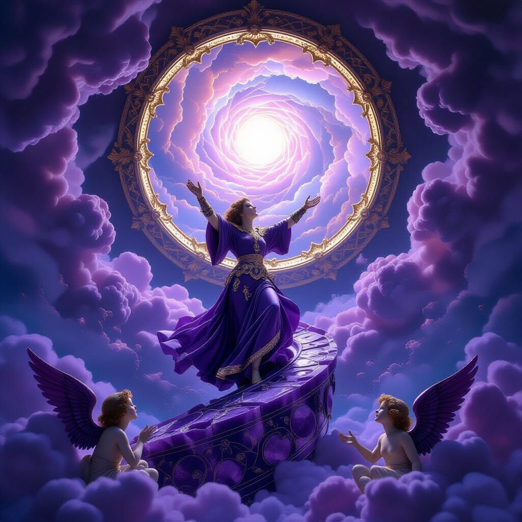 Baroque Figure Ascends Through Celestial Vortex