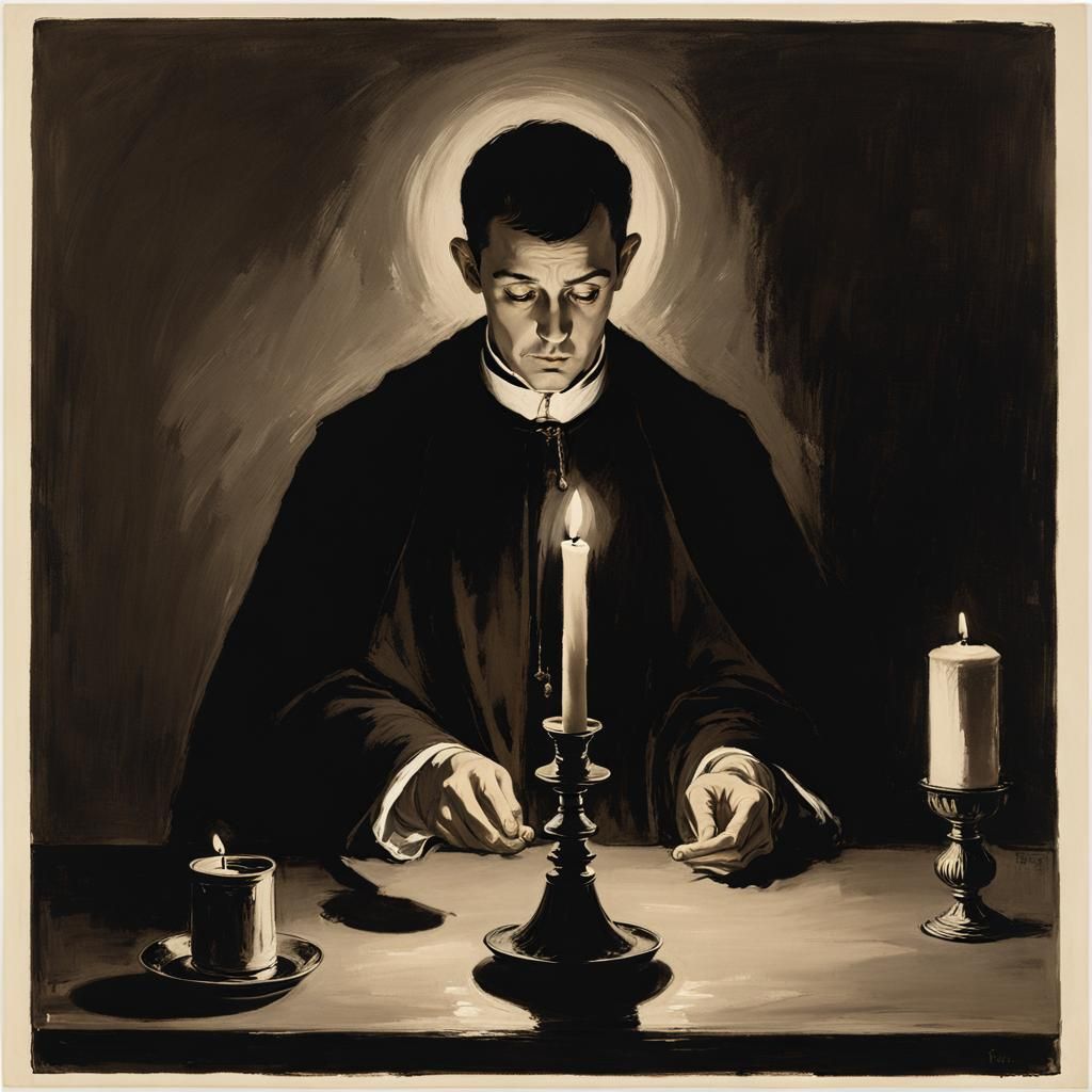 Ominous Priest Lighting Candle in Sepia Monochrome