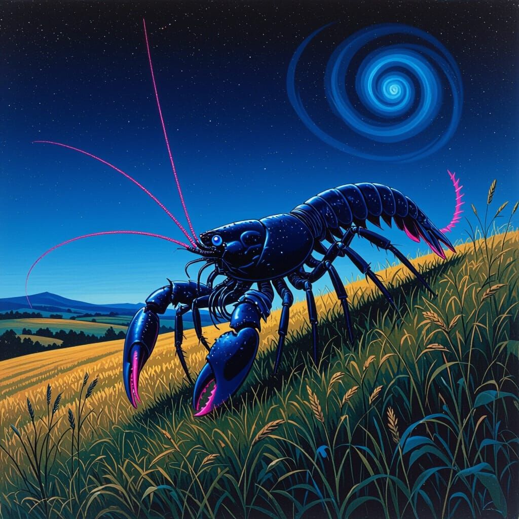 Lobster-Spider Hybrid Walks Under Swirling Sky