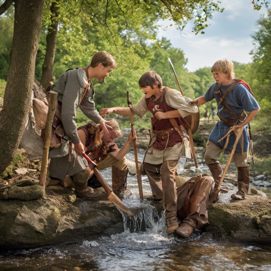 <lora:Vandal:1.0> boys playing by the stream Hyperrealistic, splash art, concept art, mid shot, intricately detailed, co...