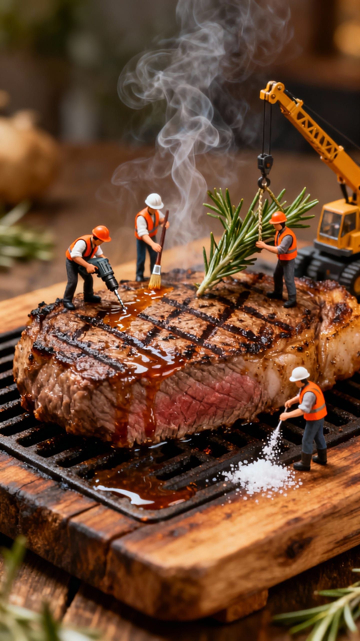 Ultra-Realistic Steak with Tiny Construction Workers Repairi...