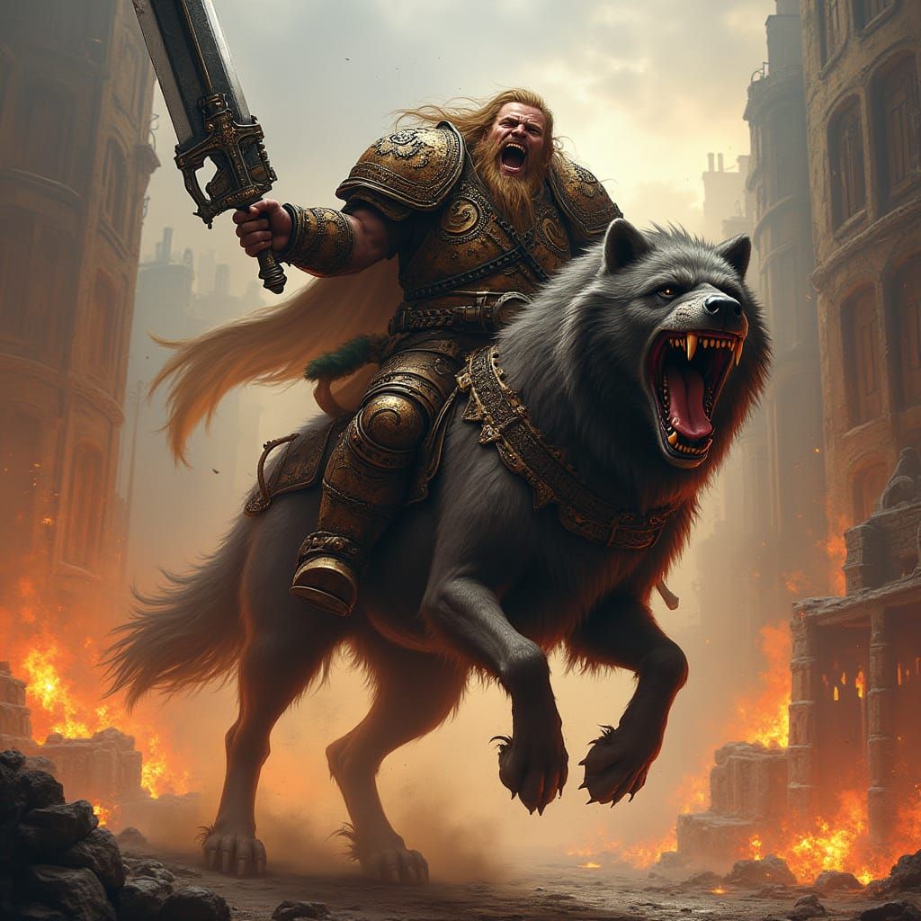 Viking Space Marine Screaming on Direwolf in Burning City