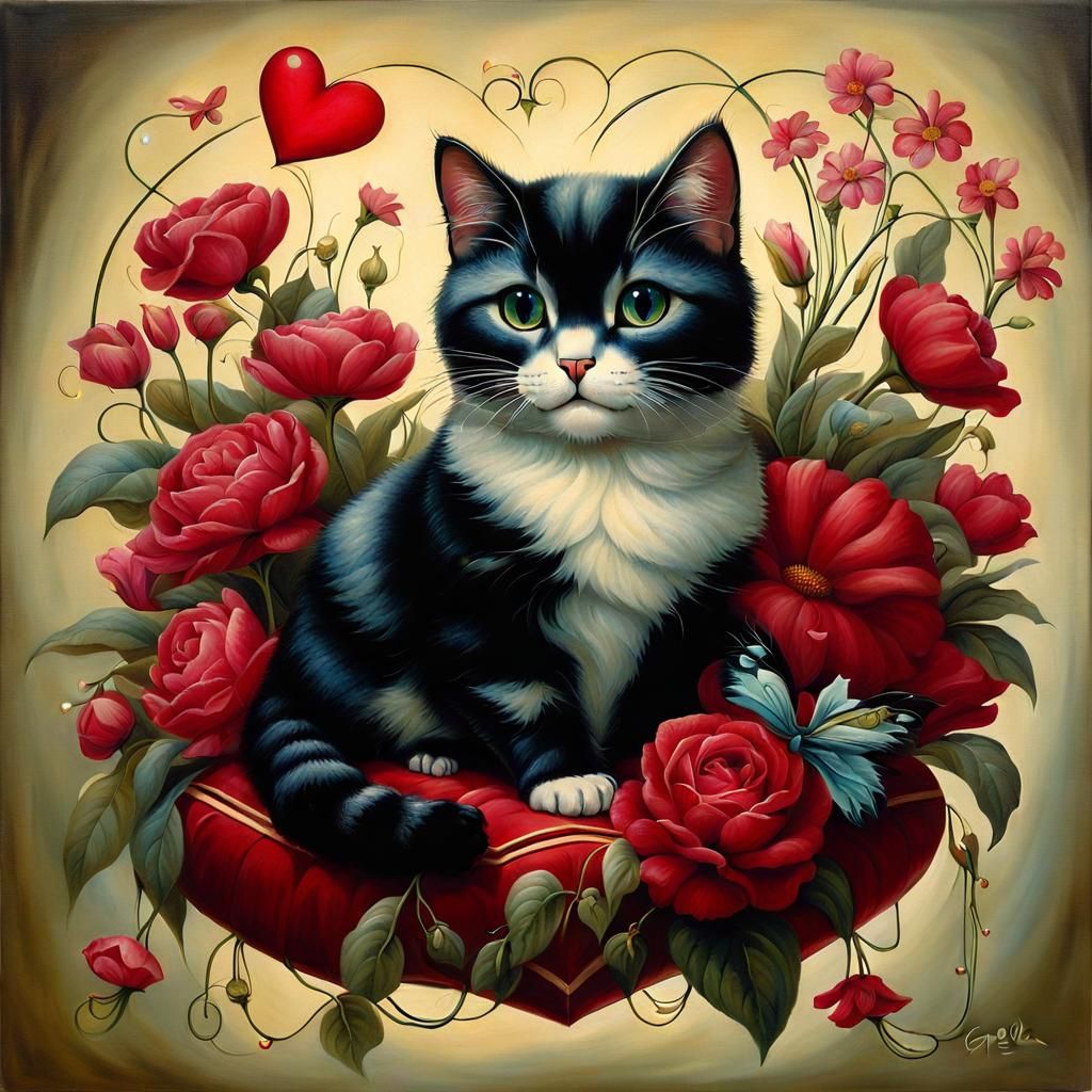 Cute Cat with Flowers in Surrealist Style