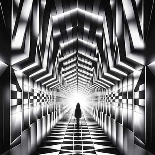 Op-Art optical illusions anime in a surreal setting black and white checkered optical illusion animation of royal sorcer...