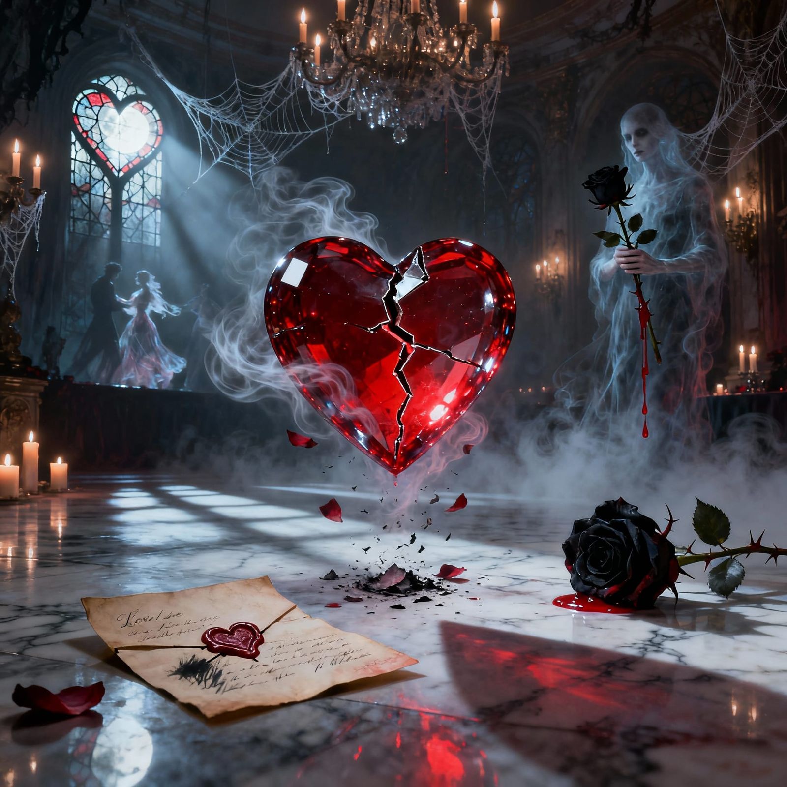 Gothic Romance: Cracked Glass Heart with Spectral Lovers