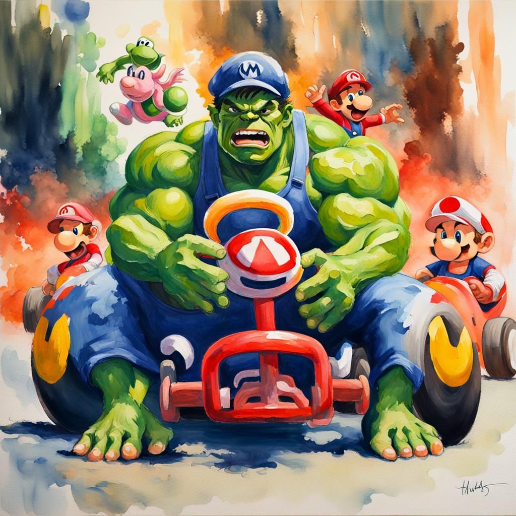 Hulk Plays Mario Kart: An Impressionist Gouache Painting