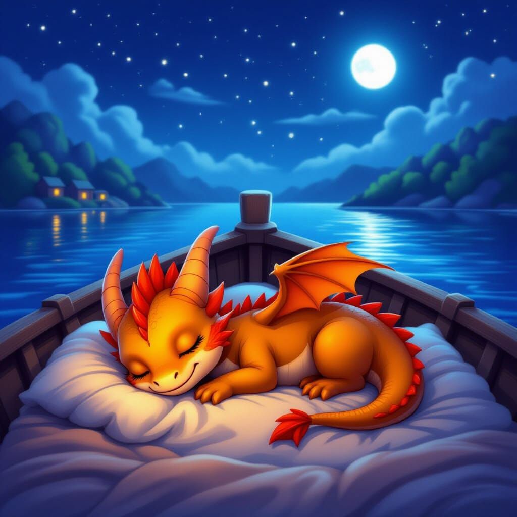 Cute Baby Dragon Sleeps on Cosy Boat
