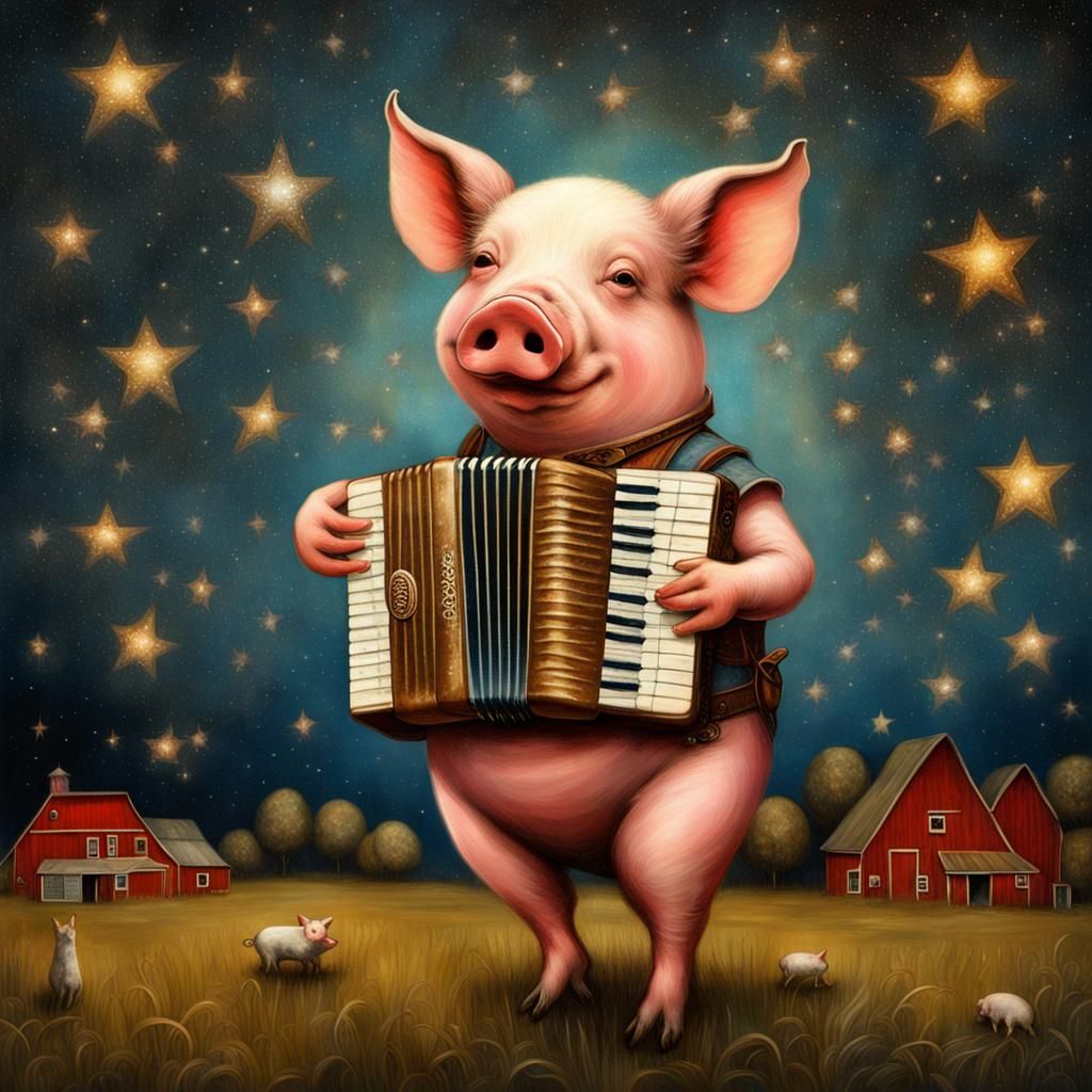 Anthropomorphic Pig Plays Accordion Under Starry Sky