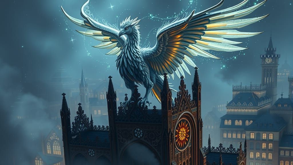 Stardust Griffin on Gothic Cathedral in Mystical Realism