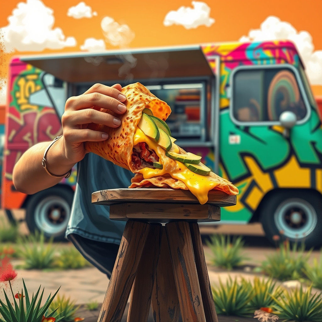 Vibrant Arepa Feast in Futuristic Food Truck Setting