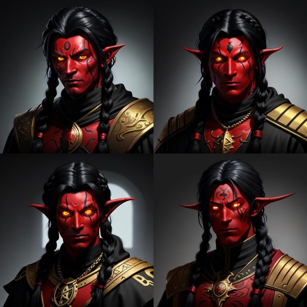 Tiefling Portrait: Red Skin, Braided Hair, Glowing Eyes