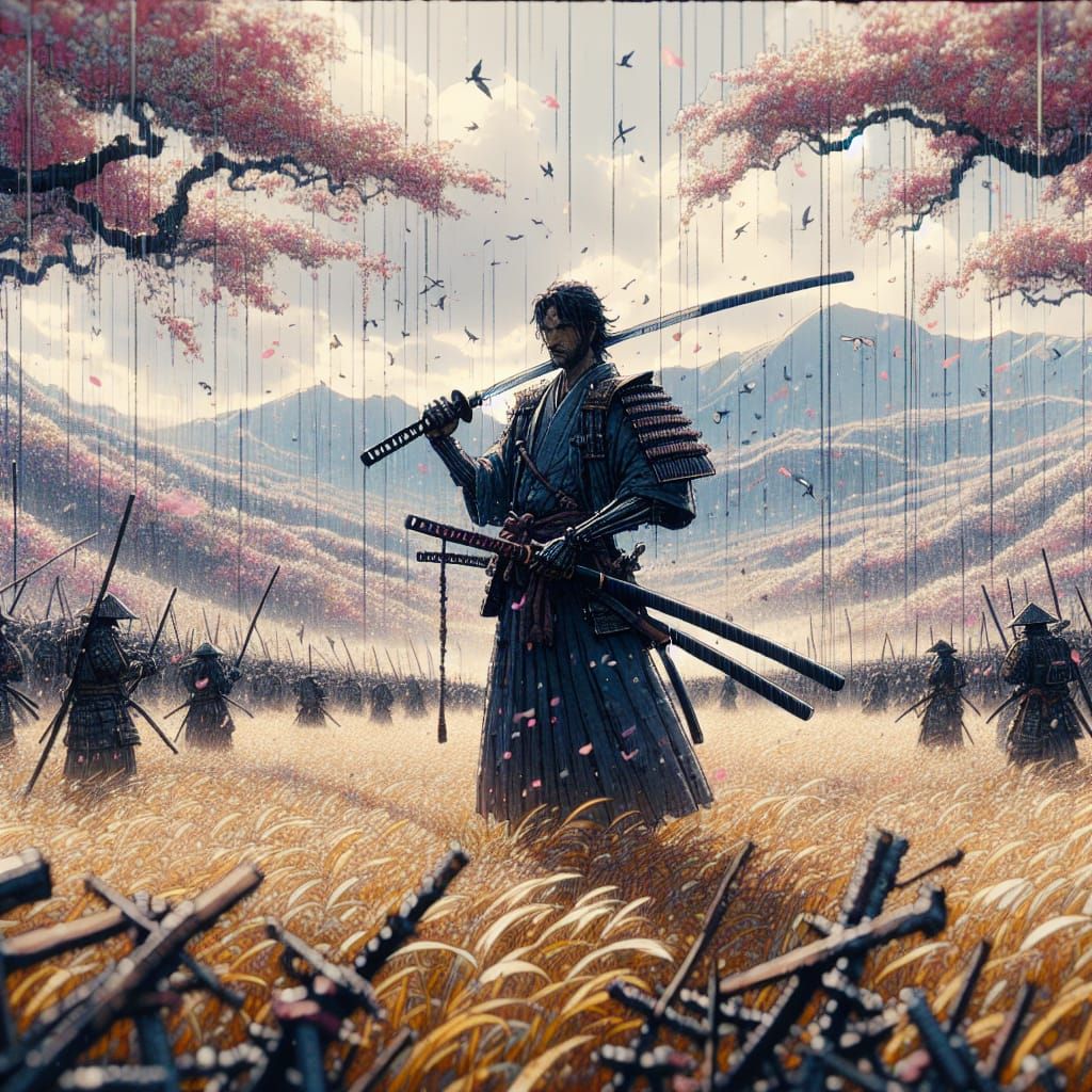 Samurai Warrior on Battlefield in Japanese Art Style