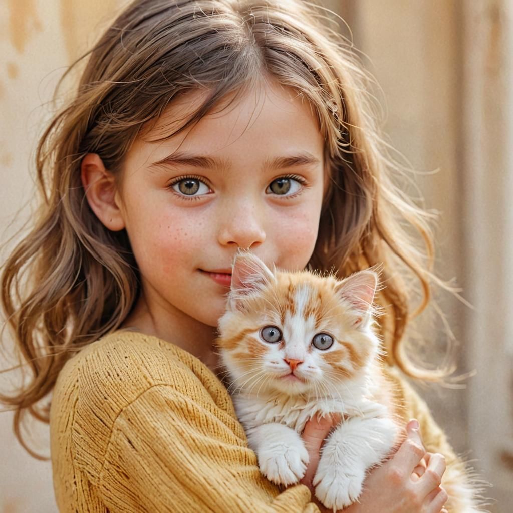 Charming Girl with Kitten in Pastel Colors