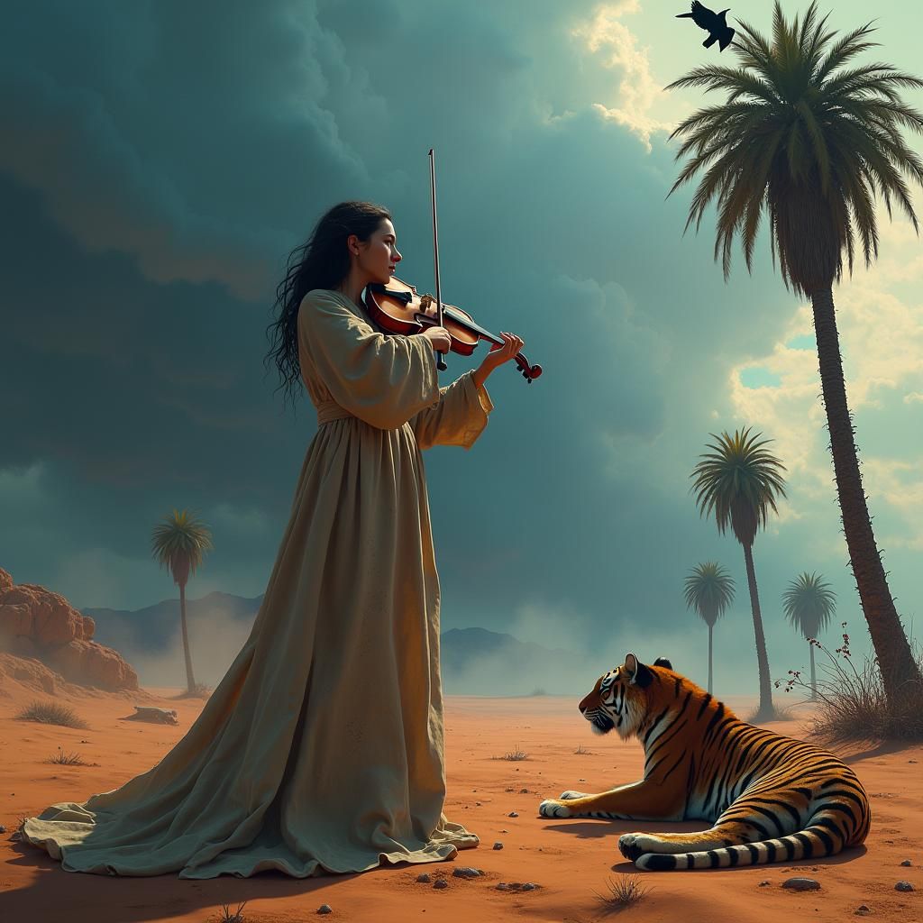 Hyperrealistic Woman Plays Violin in Desert Storm