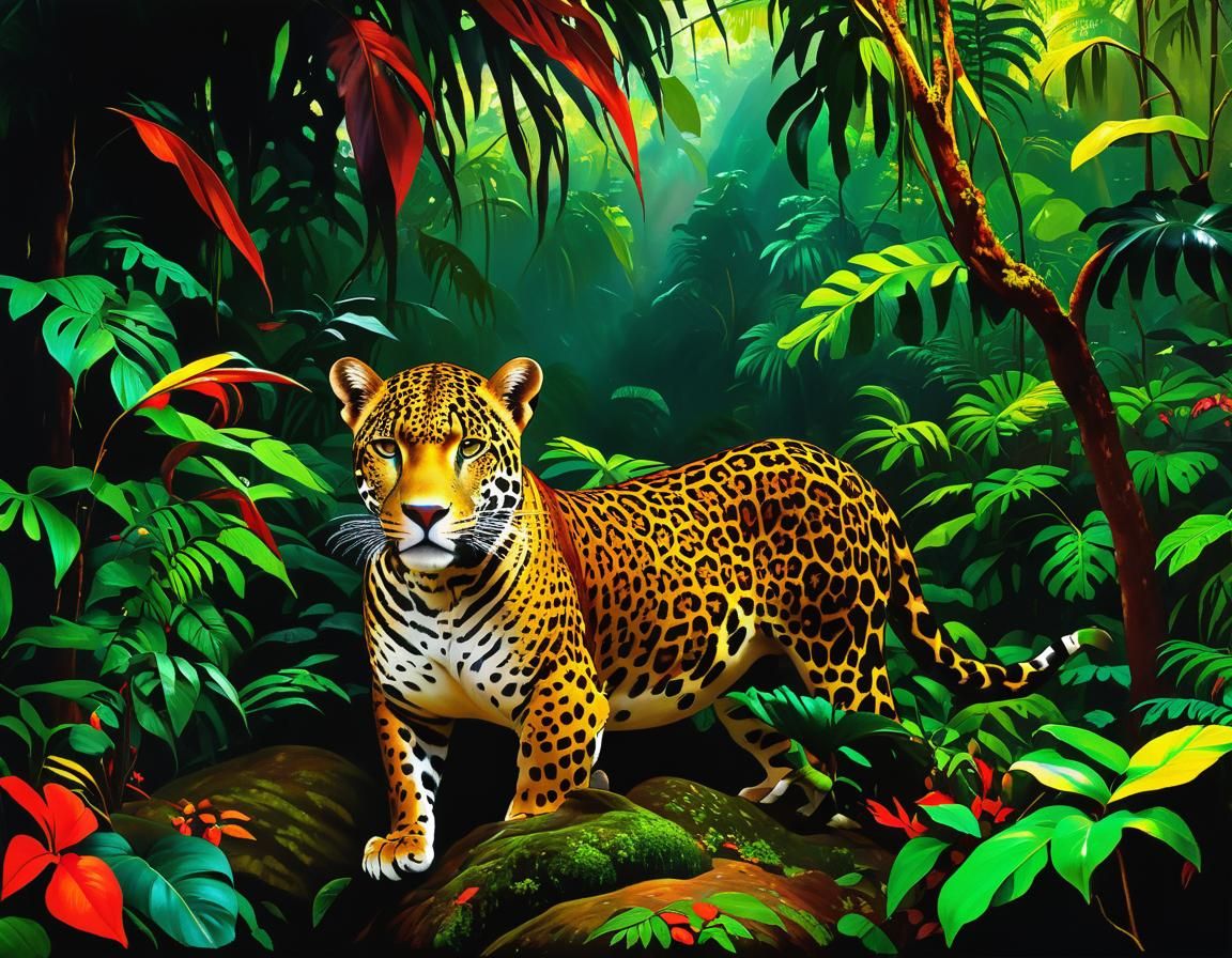 Idyllic Jaguar in a Colorful Rainforest, by Gauguin