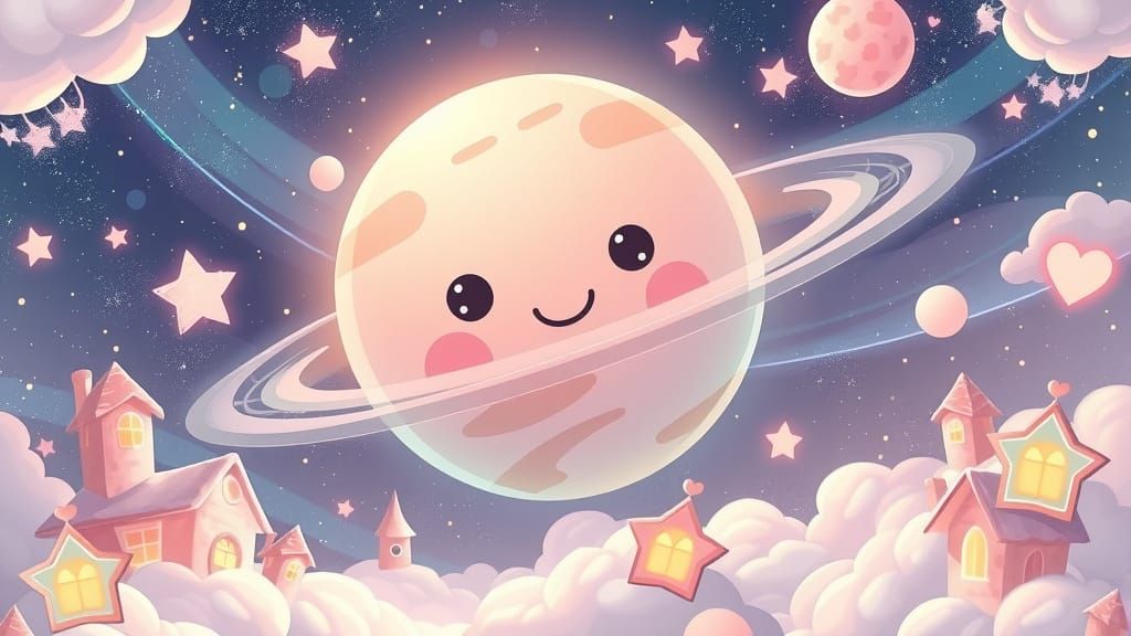 Smiling Kawaii Planet in a Pastel Galaxy