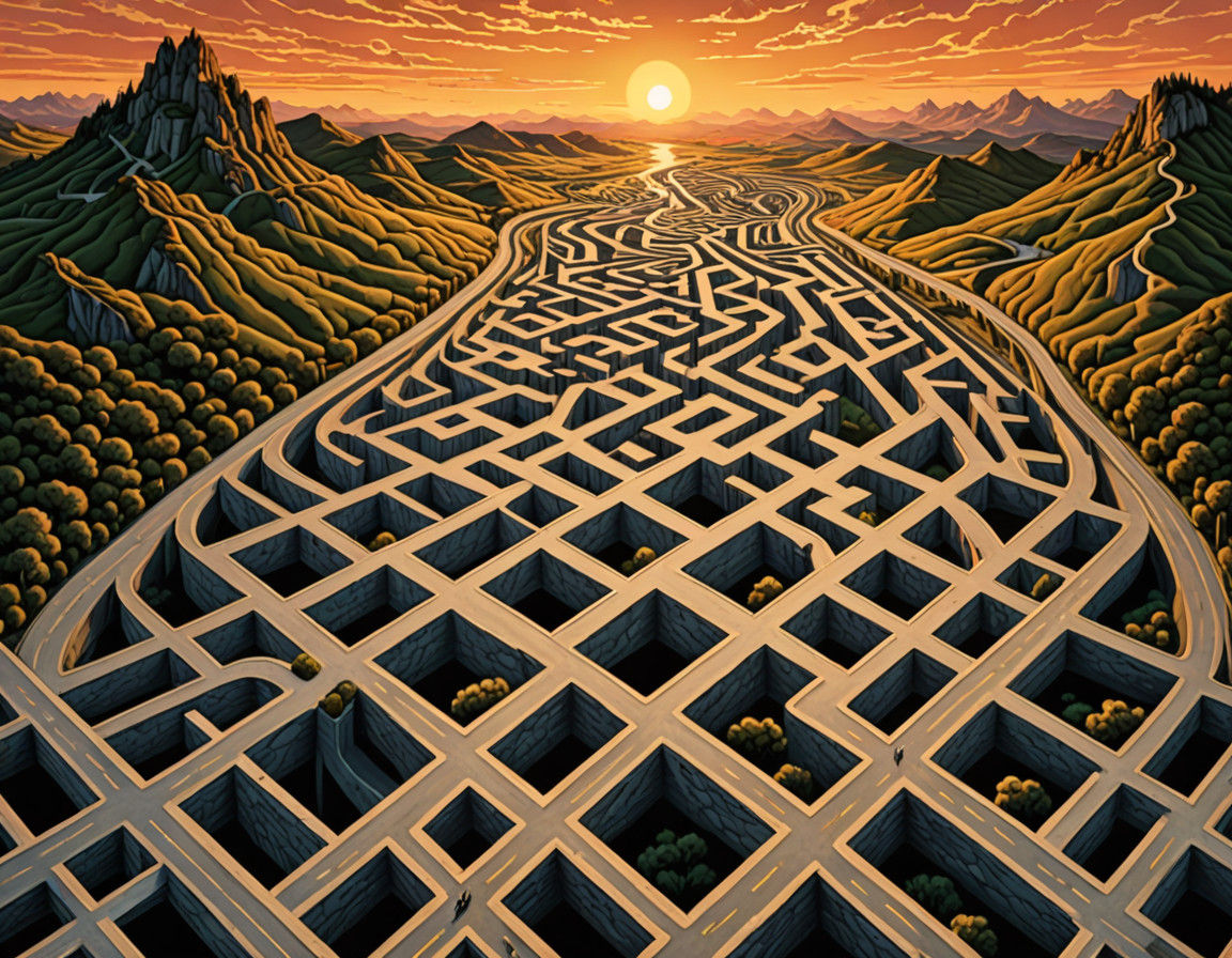 Surrealistic Landscape with Labyrinthine Highway at Sunset