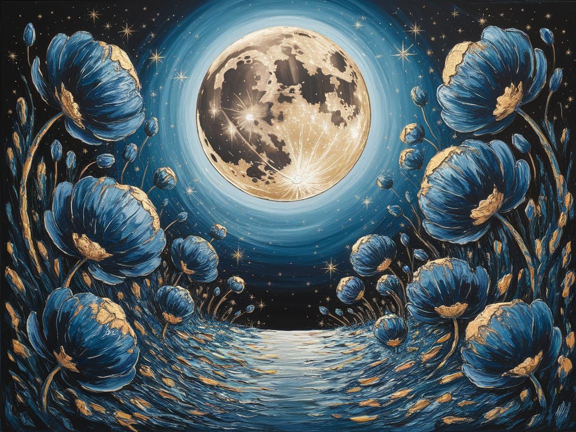 Dreamy Nighttime Scene with Golden Moon and Dark Blue Blooms