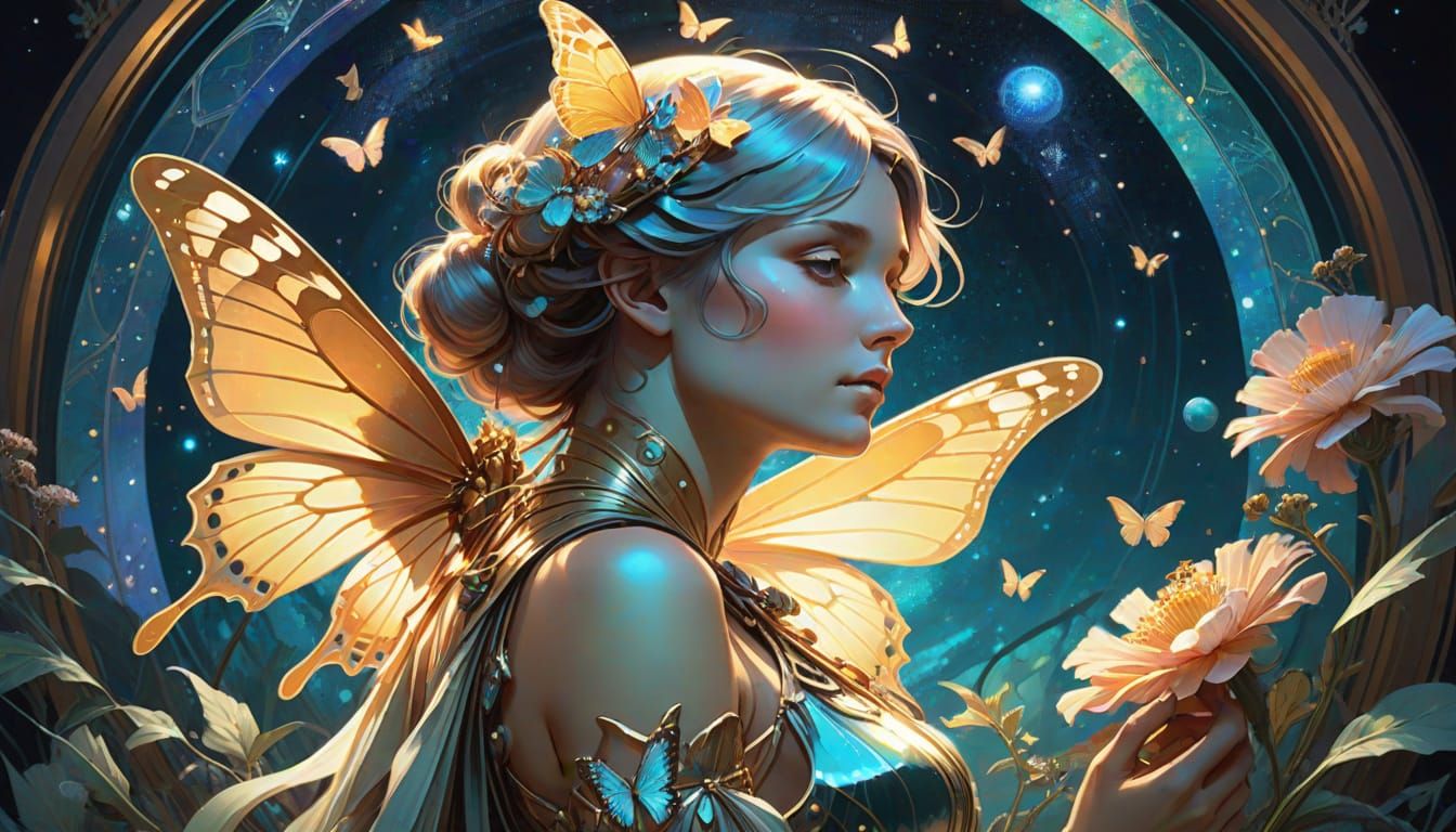 Bioluminescent Butterfly in Alien Flora Garden